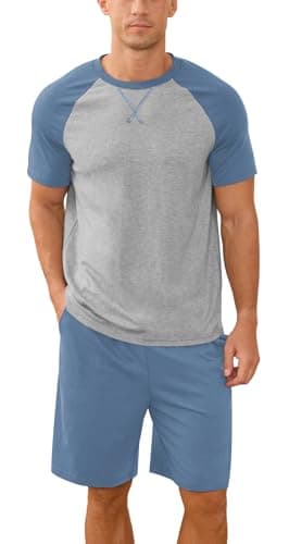 NITAGUT Mens Pajama Set Summer 2 Piece Loungewear Short Sleeve Pjs Sleepwear with Pockets Soft Comfy Nightwear, Blue, Medium - Image 1