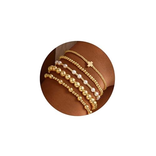 M MOOHAM Beaded Bracelets for Women - Easter Gifts Dainty 14K Gold Plated Tiny Cross Pearl Bracelet Stretch Bracelet Set Stack Catholic Women Her Bridesmaid Trendy Stuff Adjustable Jewelry Gift - Image 1