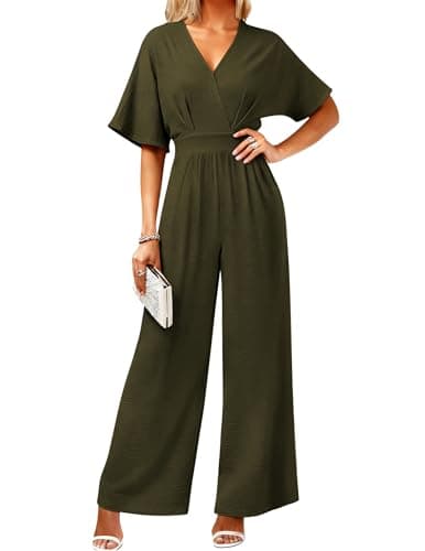 LOOKBOHO Womens Dressy Jumpsuits V Neck Belted Waist Casual Wide Leg Pants Romper Formal Elegant Jumpsuit Army Green M - Image 1