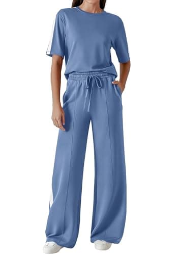 PRETTYGARDEN Women's 2 Piece Sets Summer Casual Short Sleeve Tops Wide Leg Pants Matching Lounge Set Vacation Travel Outfits (Blue,M) - Image 1