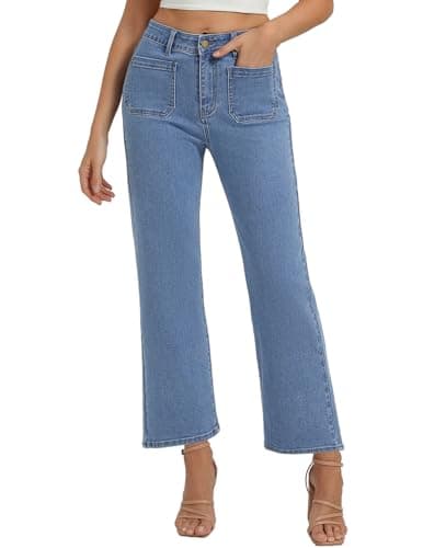 Belle Poque Women Straight Leg Jeans Light Blue Mid Rise Stretchy Wide Leg Denim Pants with Pockets Front (Light Blue, 8) - Image 1