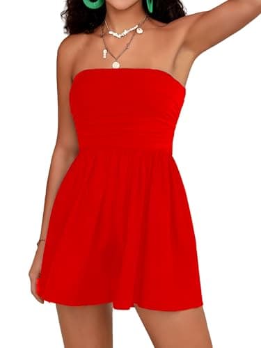 STOLKISS Women Strapless Rompers Sleeveless Off Shoulder Tube Top Shorts Rompers One Piece Beach Jumpsuits Outfits Dressy Red - Image 1