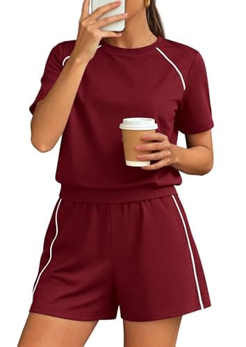 PRETTYGARDEN Shorts Sets Women 2 Piece Outfits Summer 2026 Matching Workout Athletic Clothing Casual Spring Travel Loungewear (Burgundy,XX-Large) - Image 1