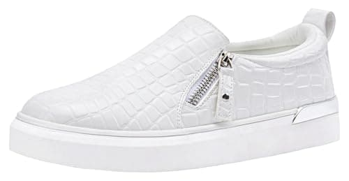 Jeossy Women's Slip On Shoes Casual Fashion Sneakers White 8010 Arch Support Loafers for Women with Zipper 11 (DJY8010 whitecroco 11) - Image 1