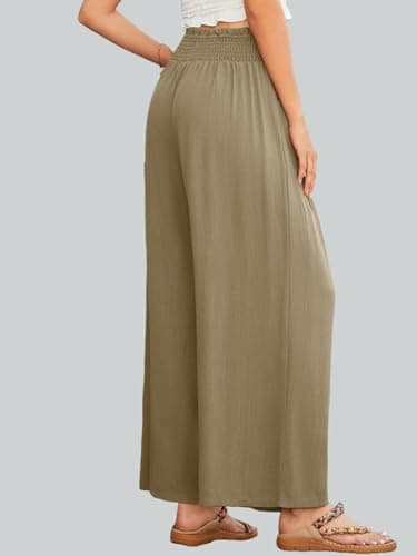 JUYUEO Women Linen Pants Wide Leg High Waisted Casual Summer Beach Palazzo Pants with Pockets Khaki M - Thumbnail 5