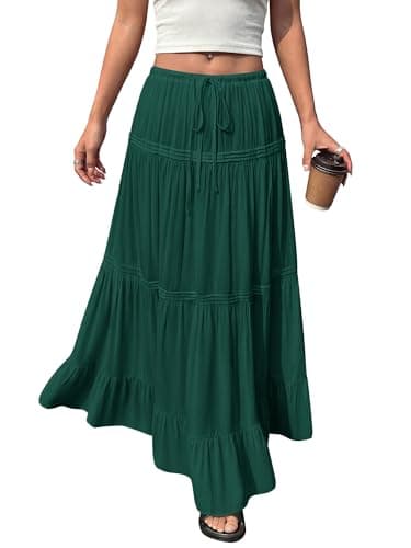 BTFBM Spring Skirts for Women 2026 Summer Boho Beach Vacation Clothes Casual Pleated High Waisted Flowy Maxi Skirt(Green, Large) - Image 1