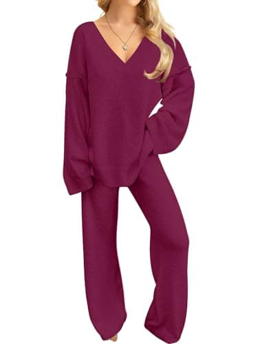 NORACORA Women's 2 Piece Outfits Fuzzy Fleece Pajama Set Long Sleeve V Neck Top Wide Leg Pants Matching Winter Loungewear Wine Red - Image 1