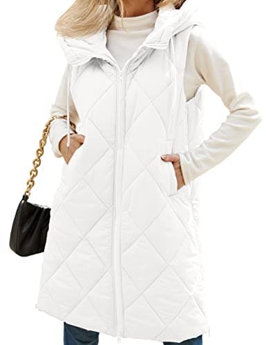 MEROKEETY Womens 2022 Fashion Hooded Long Down Vest Casual Zip Up Quilted Puffer Jacket with Pockets, White, L - Image 1