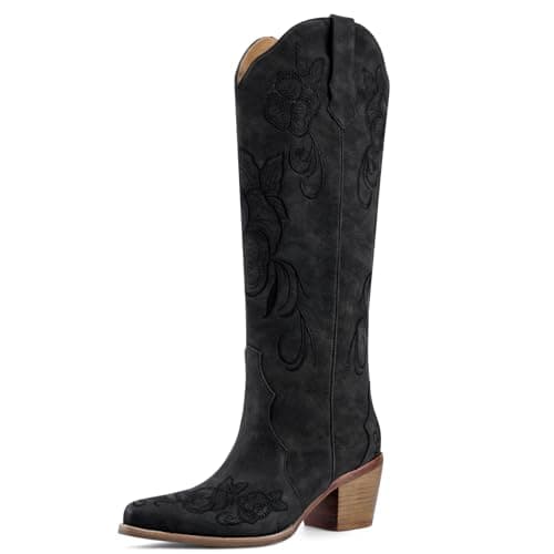 VOZTOLLS Women Cowboy Boots Knee High Western Cowgirl Boots Snip Toe Chunky Heel Pull On Retro Fashion Floral Embroidered Country Tall Boot for Ladies Black Size 10 - Image 1