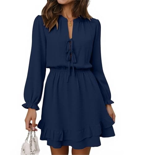 Angashion Womens Fall Long Sleeve Mini Dress: Self Tie V Neck Elastic Waistband Layer Ruffle Hem Dress with Pockets Navy Blue Medium - Image 1