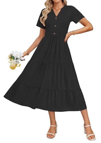 MOLERANI Women 2026 Casual Summer Midi Dress with Buttons Short Sleeve V Neck Tiered Flowy Swing Dresses with Pockets Sundress,Black,M - Image 1