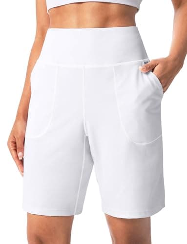 Cyasundent Women's 9" Bermuda Shorts with Zipper Pocket High Waisted Shorts for Women Casual Walking Yoga Workout(White_M) - Image 1