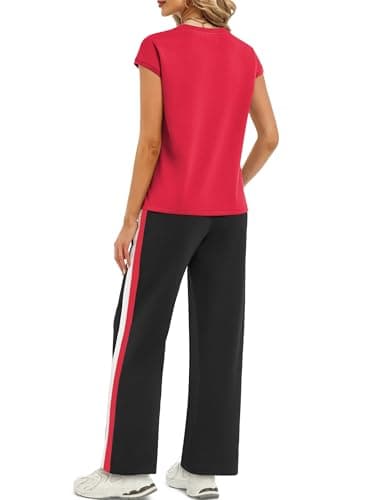 Casly Lamiit Sweatsuit for Women Summer Business Trendy Casual Workout Sets Crew Neck Tops and Wide Leg Pants Cruise Outfit Jogger Active Lounge Sets Red XL - Thumbnail 4