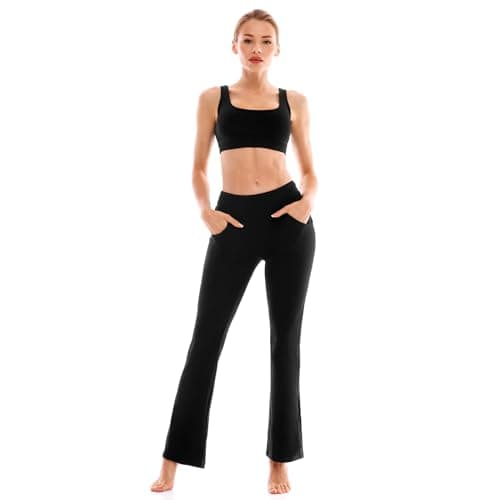 Walifrey Flare Leggings with Pocket for Women,High Waisted Opaque Flare Pants for Yoga Workout Black L - Thumbnail 2