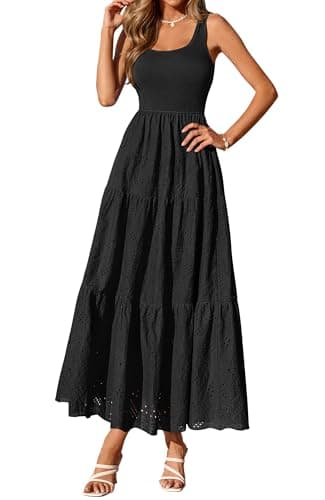 BTFBM Women Summer Eyelet Midi Dresses Casual Spring 2026 Sleeveless A Line Flowy Vacation Beach Wedding Guest Sun Dress(Black, Medium) - Image 1