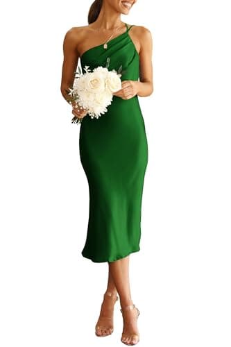 PRETTYGARDEN Women's Midi Satin Dress One Shoulder Spaghetti Strap Backless Ruched Summer Bodycon Dresses (Green,X-Large) - Image 1