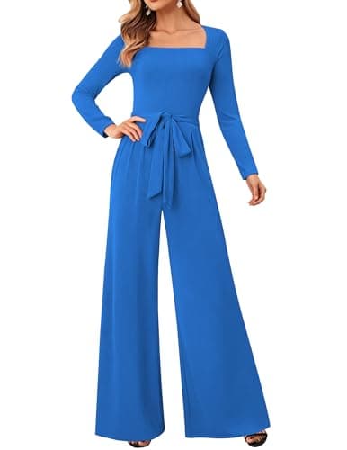 LOOKBOHO Jumpsuits for Women Square Neck Casual Dressy Formal Elegant Belted Wide Leg Long Rompers With Pocket Blue XXL - Image 1