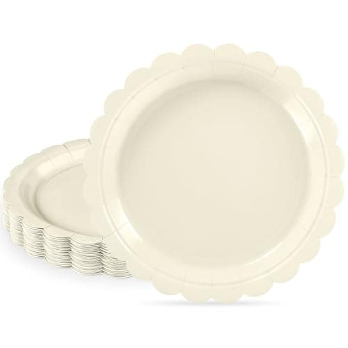 NatNarr 30 Pcs Dessert Plates Disposable, 7 Inch Ivory Paper Plates Scalloped Small Cake Appetizer Birthday Plate Cream Party Plate for Wedding, Baby Bridal Shower - Image 1
