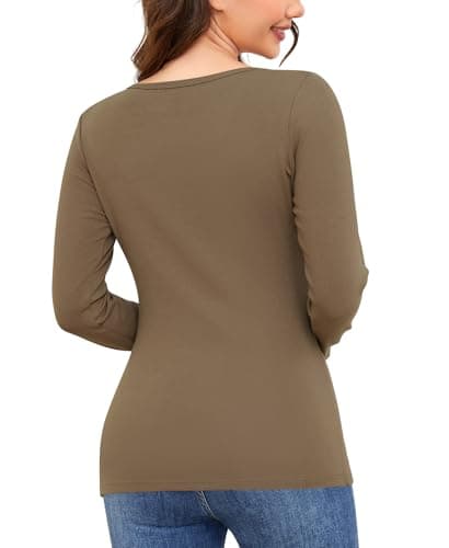 Ganado Long Sleeve Shirts for Women V Neck Thermal Shirt Layering Undershirts Plain Fitted Basic Tops (Light Brown, Small) - Thumbnail 2