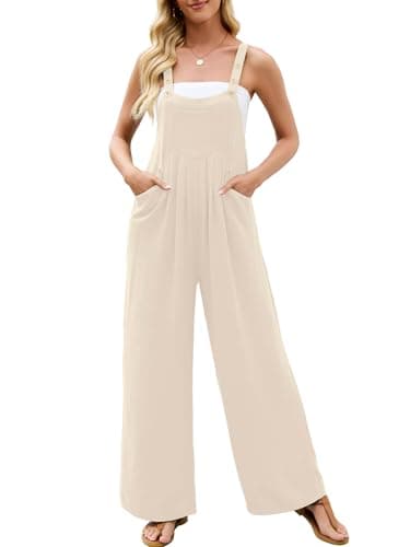 Heymoments Overalls Jumpsuits Rompers for Women Ivory Large Casual Maternity Winter Fall Comfy Ladies Loose Fit Dressy Wide Leg One Piece Sleeveless Grils Long Bib Baggy Pants with Pockets - Image 1