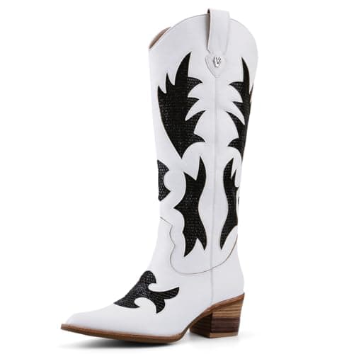 QIV White Cowboy Boots for Women Western Mid Calf Pointed Toe Chunky Heel Cowgirl Boots with Embroidered Size 8 - Image 1