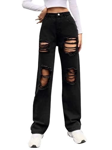 Genleck Women Loose Ripped Boyfriends Jeans High Waist Baggy Denim Pants Distressed Wide Leg Jeans Y2K Black Small - Image 1