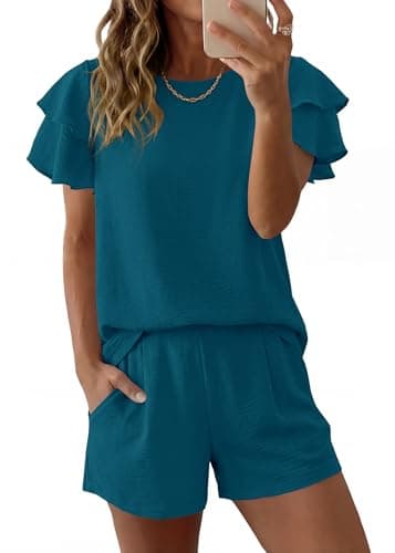 KIRUNDO Two Piece Short Sets For Women 2026 Spring Summer Ruffle Short Sleeve Top Elastic Waist Pants Travel Beach Lounge Set(Dark Blue, Medium) - Image 1