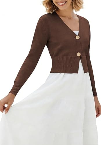 Women V Neck Brown Cardigan Sweaters Cropped Fitted Button Up Knit Cardigan Shrugs M - Thumbnail 5