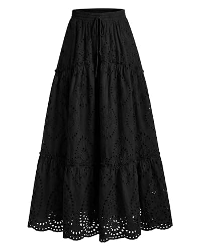 BTFBM Boho Long Skirts for Women Spring Summer 2026 Lace Embroidery High Waist Flowy Tiered Maxi Skirt Beach Vacation(Black, Small) - Image 1