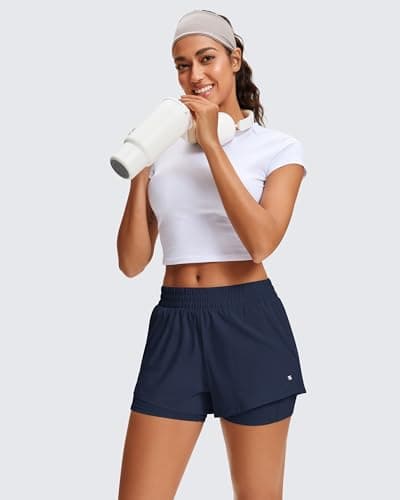 Stelle Women's 2 in 1 Running Shorts Athletic Workout Gym Shorts High Waisted Shorts with Liner Zipper Pockets (Navy, Small) - Thumbnail 3