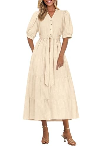 PRETTYGARDEN Summer Dresses for Women 2026 Elegant Classy Short Sleeve V Neck Ruffle A Line Belted Long Beach Vacation Dress (Aprioct,Small) Apricot - Image 1