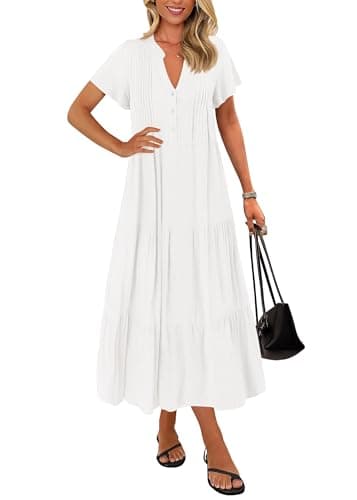 KIRUNDO Summer Maxi Dresses for Women 2026 Spring Fashion Short Sleeve Button V Neck Pleated Loose Tiered Swing Flowy Dress(White, Small) - Image 1