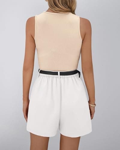 BTFBM 2 Piece Sets for Women Summer 2026 Sleeveless Matching Short Sets Tank Crew Neck Airport Travel Outfits Pockets(Apricot+White, X-Large) - Thumbnail 3