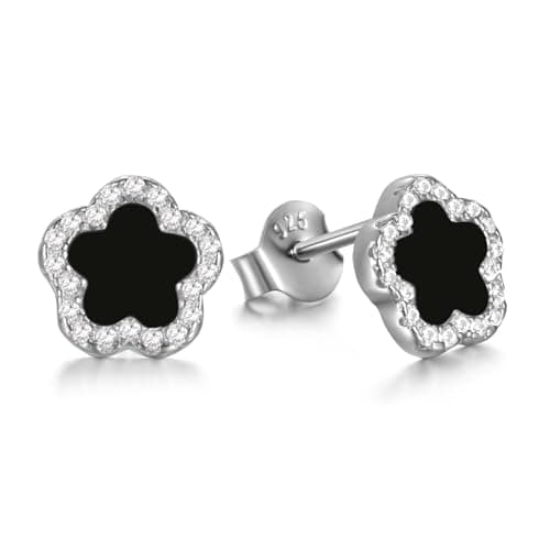 Evensee Five Leaf Clover Earrings Black Onyx 925 Sterling Silver, Rhodium Plated Hypoallergenic Flower Studs Plum Blossom Design, Valentine Gift Birthday Gift for Her - Image 1