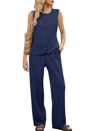 Casly Lamiit 2 Piece Outfits for Women Dressy Casual Lounge Sets Sleeveless Vest Wide Leg Pants Suits Travel Airport Office Work Outfit Navy Blue XL - Image 1