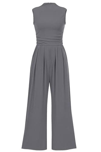 PRETTYGARDEN Womens Summer Jumpsuits Dressy Casual One Piece Outfits Sleeveless Mock Neck Wide Leg Pants Rompers with Pockets (Grey,Medium) - Image 1
