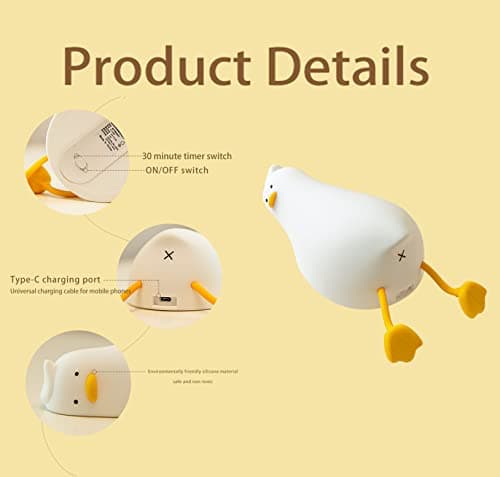 HAPPYBAG LED Lying Flat Duck Night Light, 3 Level Dimmable Nursery Nightlight,Cute Lamps Silicone Squishy Light Up Duck,Rechargeable Bedside Touch Lamp for Breastfeeding Toddler Baby Kids Decor - Thumbnail 6