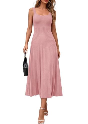 PRETTYGARDEN Spring Dresses for Women 2026 Summer Casual Sleeveless Square Neck A Line Knit Pleated Midi Cocktail Party Dress (Pink,XX-Large) - Image 1