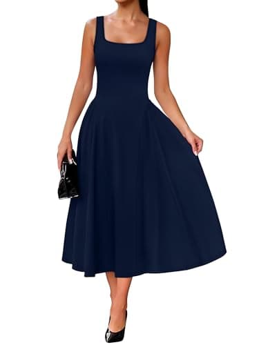 OFEEFAN Summer Dresses for Women Square Neck Corset A Line Maxi Dress Ruffle Ruched Waist Flowy Long Outfits Royal Blue L - Image 1