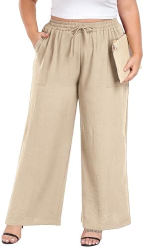 Lastshe Women's Plus Size Wide Leg Pants Summer Stretchy Drawstring Waistband Comfortable Fit Casual Trousers Pants with Pockets,Nude,1X - Image 1
