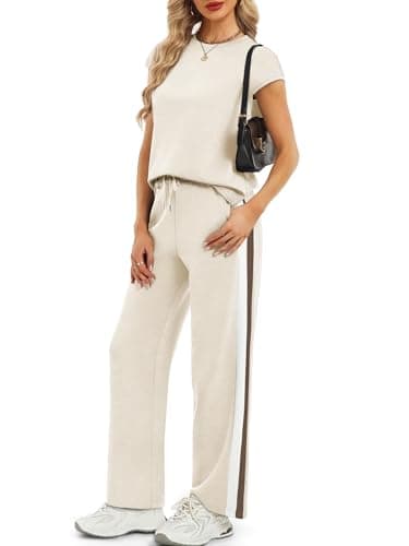 Casly Lamiit Women's 2 Piece Pant Sets Crewneck Pullover Wide Leg Sweatpants Summer Beach Travel Vacation Matching Clothes Country Concert Resort Wear Striped Outfits Beige XS - Thumbnail 3