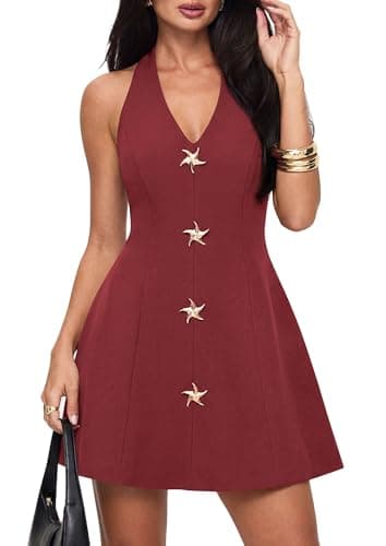 PRETTYGARDEN Summer Cocktail Dresses for Women Short 2026 Spring Halter V Neck Beach Party Backless A Line Mini Dress (Burgundy,Large) - Image 1