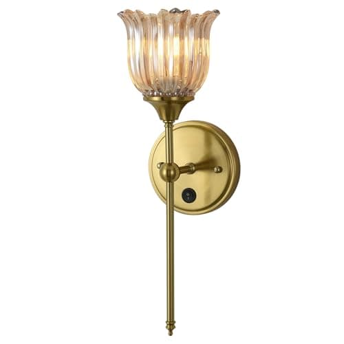 BOXCUPIN Modern Wall Sconces with Amber Flower Glass Shade 1 Pack, Mid Century Bathroom Vanity Wall Light Fixtures Gold Vintage Wall Lights with Switch for Mirror Bedroom Living Room - Image 1