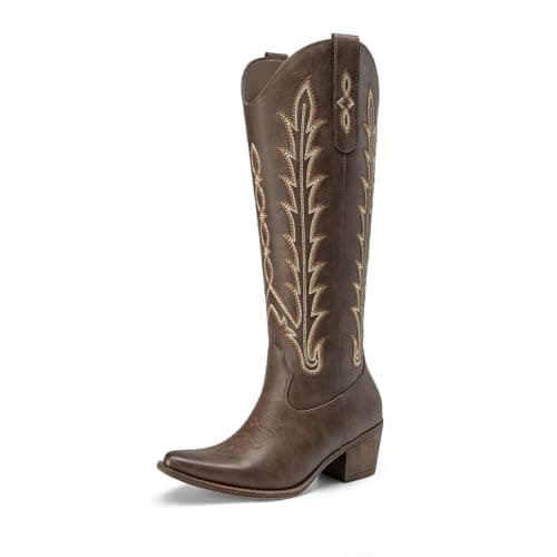 Athlefit Cowboy Boots for Women Cowgirl Western Knee High Comfortable Slip On Chunky Heel Square Toe Embroidered Fall Fashion Tall Dancing Boots Dark Brown Dark Brown Size 6.5 - Image 1