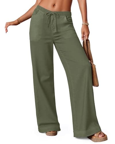 JEKAOYI Wide Leg Pants for Women Flowy Palazzo Drawstring Elastic Waist Trousers with Pockets Summer Beach Vacation Pants Grey Green - Image 1