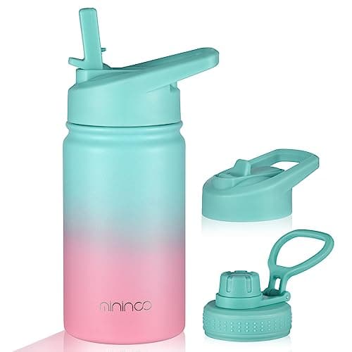 mininoo Insulated Kids Water Bottle, 12 oz Stainless Steel Water Bottle Kids with Straw Lid and Chug Lid for Girls, Boys (Punch/Purple) - Image 1