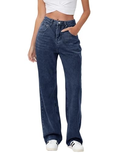 HDLTE Baggy Wide Leg Jeans for Women High Waisted Trendy Flare Jeans Boyfriend Denim Pants with Patch Pockets（Deep Blue，XS） - Image 1