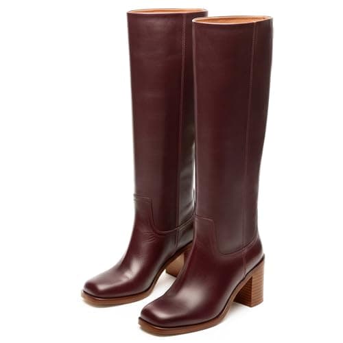 heelchic Burgundy Knee High Boots for Women, Square Toe Chunky Block Heeled Long Boots, Tall Boots 7 - Image 1