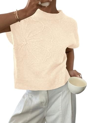 PRETTYGARDEN Women's 2026 Spring Sweater Vest Trendy Flower Knit Short Sleeve Cute Pullover Tank Tops Summer Fashion Clothing (Beige,X-Large) - Image 1