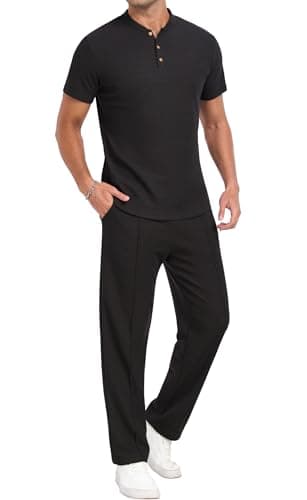 PrinStory Men's Short Sleeve Outfits Waffle Knit Henley Shirt and Pants Set Casual 2 Pieces Summer Tracksuits with Pockets Black-L - Image 1